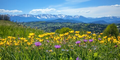 Obraz premium Close-up of the foothills leading to the Denver mountains during spring, with blooming wildflowers and blue skies.