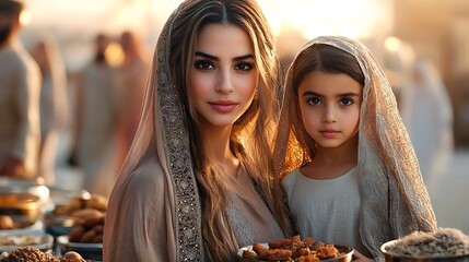 A traditional Ramadan lantern-lit street, with families enjoying their evening stroll, while shops offer fragrant dishes, dates, and drinks to break the fast. Ultra-Realistic, Photo Realistic, 