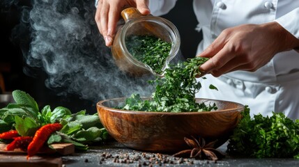Chef garnishing a salad in a wooden bowl surrounded by fresh ingredients