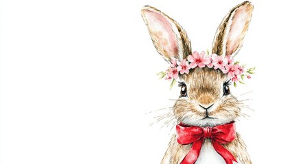 Obraz premium Cute Bunny with Flower Crown and Red Bow, Woodland Animal Illustration, White Background, Adorable Bunny Art Print