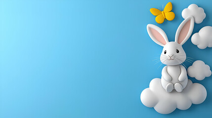 A cute cartoon rabbit sits on fluffy clouds with a butterfly hovering above, against a bright blue background.