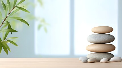 Zen stone stack with bamboo leaves in serene minimalist setting