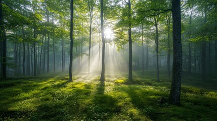 Fototapeta premium Sunbeams Illuminate Misty Green Forest Floor
