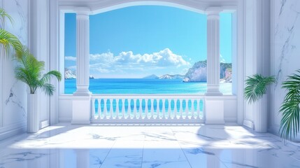 Fototapeta premium White Marble Balcony Overlooking A Tranquil Ocean Scene