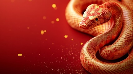 Fototapeta premium red background, golden paper cut snake illustration at the side, glittery effect to spice up