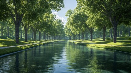 Fototapeta premium Serene Canal Pathway Lined With Lush Green Trees