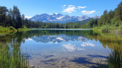 Mountain lake reflects majestic peaks and a clear sky