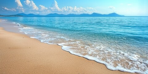 Gentle waves rolling onto a sandy beach, creating a peaceful and relaxing scene with clear blue water.