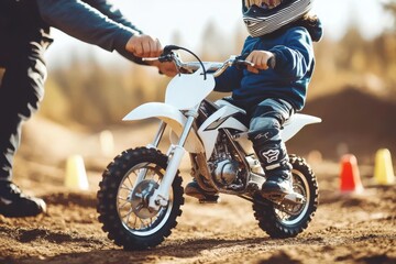 Fototapeta premium Young Rider on a Motocross Bike with Coach Guidance