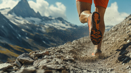 Close up of trail running shoes gripping rocky 