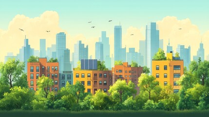 Fototapeta premium A of futuristic sustainable buildings with solar panels and green rooftops, set in an eco-friendly city with a minimalistic background. Simple and clean design.