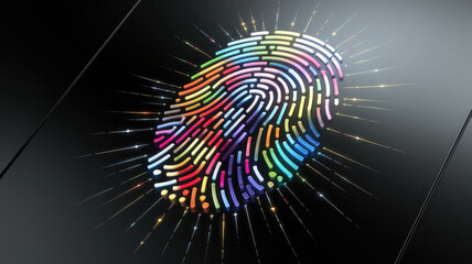 A vibrant, multi-colored fingerprint design set against a sleek black background, symbolizing security and personalization in modern technology.