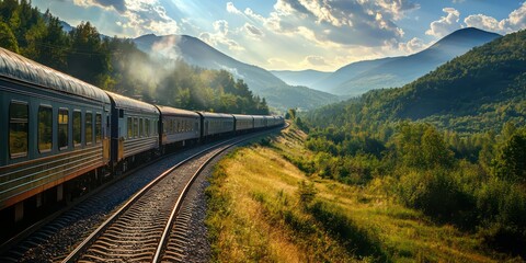 Modern train traveling along a scenic railway route with mountains and forests in the background.