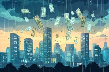 Obraz premium Urban Skyline with Dollar Signs and Crumbling Skyscrapers