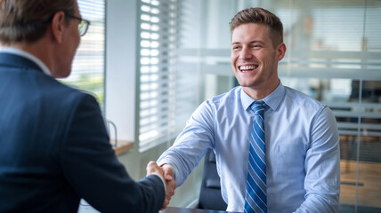 A happy young candidate man and HR manager handshaking in a job interview in office. Business career, hiring, recruiting new employee or placement, greeting, signing contracts, client deal concepts.