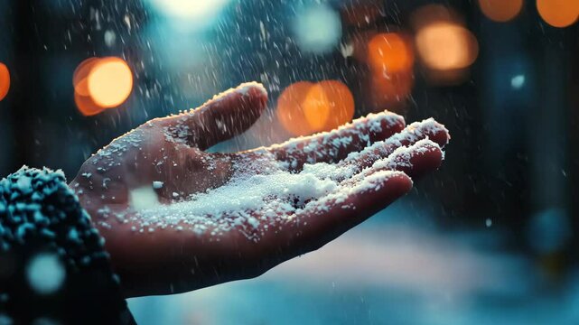 A hand catching falling snow.