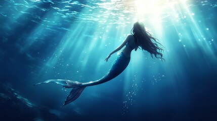 A mermaid swims in the ocean with her tail flapping