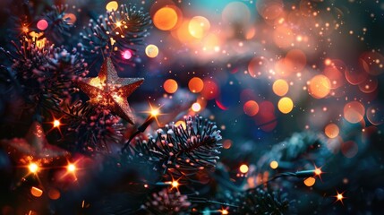 Obraz premium Colorful bokeh lights on a dark background. Vibrant abstract background with multicolored bokeh lights that creates a festive and magical atmosphere.