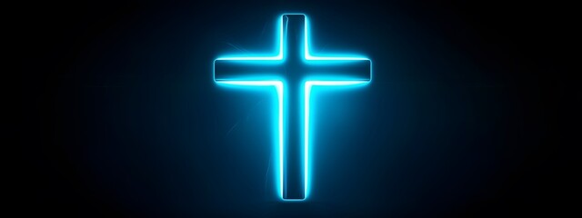 Obraz premium A silhouette of a cross, with a glowing blue light behind it, set against a dark background