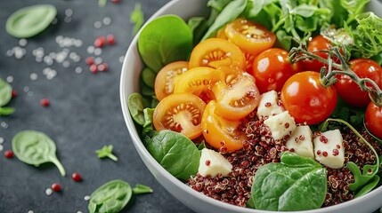 A vibrant bowl filled with fresh spinach, yellow cherry tomatoes, cucumber slices, and red quinoa showcases a healthy meal option perfect for lunch or dinner