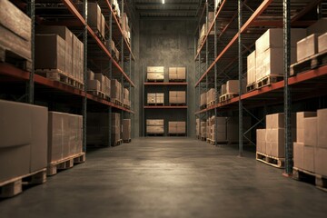 Obraz premium Industrial Warehouse Interior Cardboard Boxes Pallets Shelving Logistics Storage 