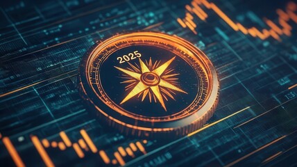 A futuristic compass design set against a digital background, symbolizing navigation and direction for the year 2025.