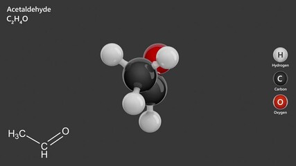Acetaldehyde or Ethanal. Animated 3D model of a molecule. Molecular formula: C2H4O. Chemical model: Ball and sticks. Gray background. 3D rendering. Seamless loop.