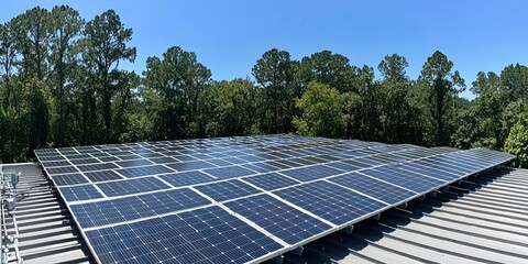 Rows of solar panels on a roof, angled to capture sunlight, with trees in the background.