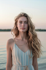 Naklejka premium Elegant young woman with flowing blonde hair standing by a tranquil lake during sunset