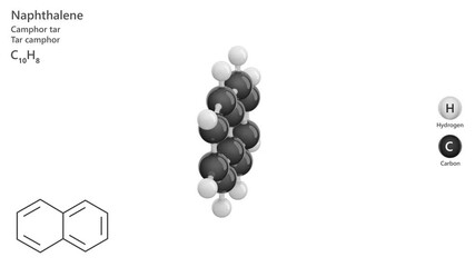 Naphthalene. Fumigant. Animated 3D model of a molecule. Molecular formula: C10H8. Chemical model: Ball and sticks. White background. 3D rendering. Seamless loop.
