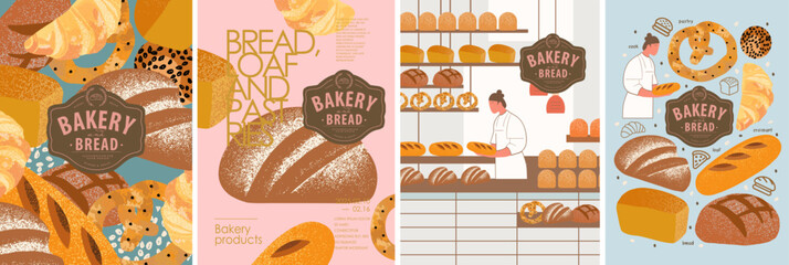 Bakery and bread. Vector modern illustration of pastry, loaf, croissant, bagel production and baking of bread, logo, shop stall selling bread, showcase and shelves, icons for poster or background 