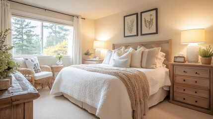 Fototapeta premium A serene bedroom with soft beige tones, plush bedding, and warm natural light for ultimate comfort and relaxation.