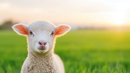 Obraz premium A baby sheep is standing in a field of grass