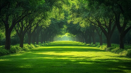 Naklejka premium Sunlit Green Path Through Lush Tree Lined Avenue