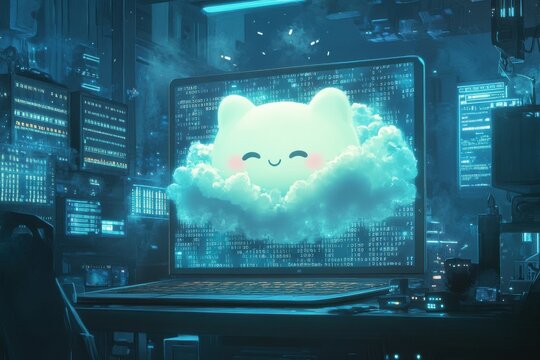 Digital Art of Laptop with Winking Emoji in Cloud