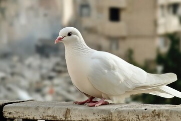 Obraz premium Elegant white dove sitting on the railing of a city balcony against the backdrop of a ruined city