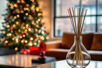 Fototapeta premium Cozy Living Room with Christmas Tree and Aroma Diffuser, creating a cozy and festive atmosphere.