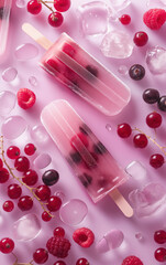 Ice cream popsicle. Fruity popsicle, ice cream with berries, fruits on color pastel background. Frozen fruit berry popsicle. Homemade ice lolly. Summer ice cream minimal fashion idea. Realistic photo