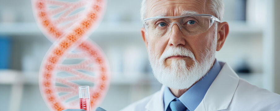 Senior scientist examining test tube and DNA autoradiogram in a high-tech laboratory, focused on groundbreaking genetic research and analysis