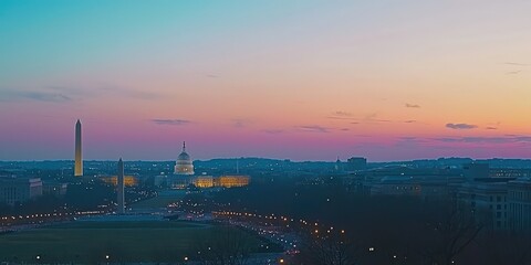 Fototapeta premium Washington, DCâ€™s skyline in the evening, with monuments and buildings softly lit under a pastel sky.
