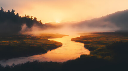Obraz premium The warm glow of sunset dramatically illuminates the mist rising from a serenely winding river. Nature. Illustration