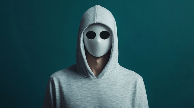 Mysterious figure in hooded sweatshirt and mask.