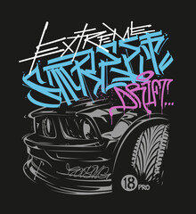 Extreme drift, illustration of race car, shirt print design