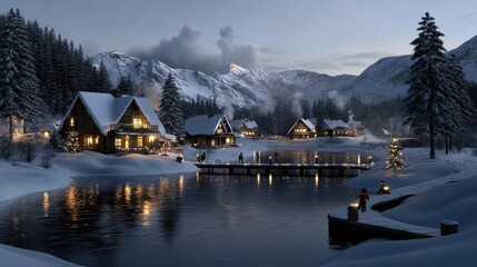 Obraz premium Snow-covered landscape features cozy wooden lodges against majestic mountains. People are skiing and walking in this picturesque winter setting at dusk