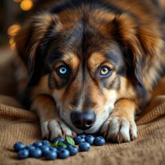A dog gazes intently at blueberries, a delectable food photography moment.