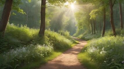 Peaceful natural forest scene with a path lined by tall green trees and people strolling through.  