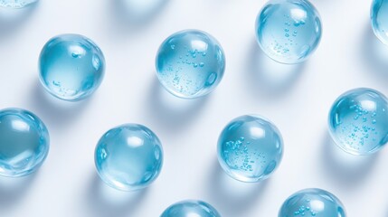 Translucent blue spheres with small bubbles inside, arranged in a pattern on a white background