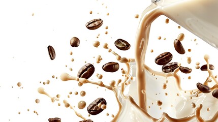 Obraz premium A dynamic splash of coffee and milk with coffee beans, showcasing a refreshing beverage moment.