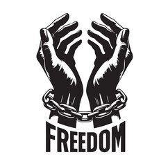Obraz premium A pair of hands chained to a chain with the text words freedom. vector illustration.