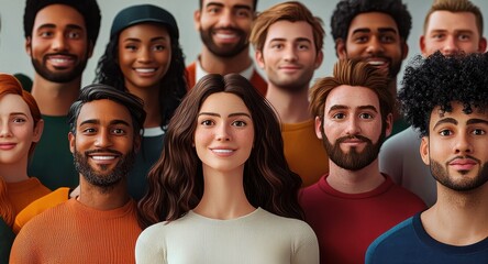 Obraz premium A diverse group of smiling people representing different ethnicities and backgrounds,with each person rendered as highly detailed 3D characters. 